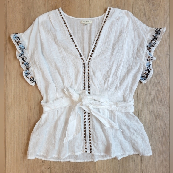 Max Studio Tops - Embroidered Ruffle Short Sleeve Top Tie Front Looks Like Linen